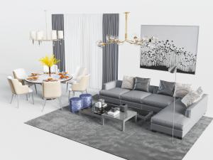 现代灰色转角多人沙发、餐桌椅组合