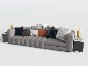 现代灰色布艺多人沙发、边几