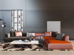 现代红色和黑色拼接混搭的转角多人沙发和茶几组合模