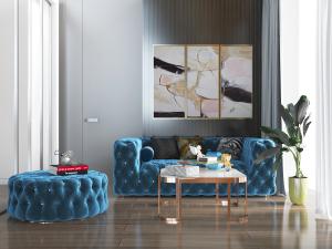 现代轻奢蓝色多人沙发圆形坐墩茶几组合