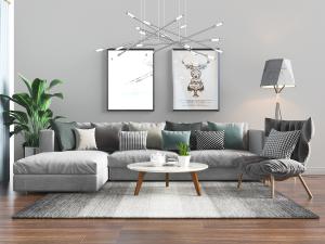 北欧布艺转角多人沙发茶几组合