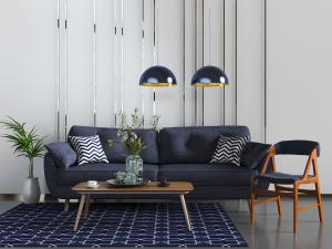 北欧蓝色布艺多人沙发、茶几组合