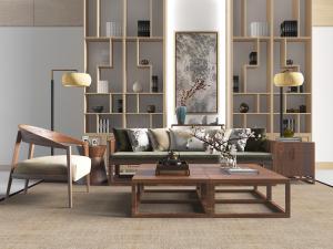 新中式实木多人沙发、休闲椅子和方形茶几组合