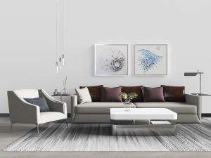 新中式灰白色多人沙发、方形茶几组合