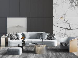 新中式弧形靠背的布艺多人沙发、单人沙发和茶几组合