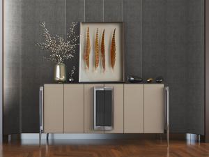 新中式浅咖啡色玄关柜和饰品摆件