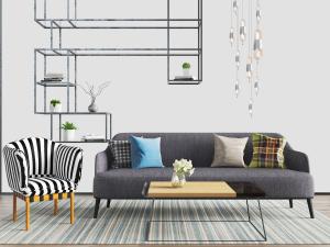 现代灰色布艺多人沙发、黑白条纹休闲椅组合