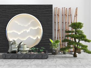 中式竹竿松树景观小品