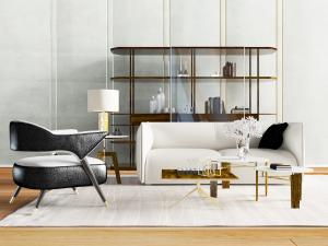 北欧白色多人沙发、黑色休闲椅和茶几组合