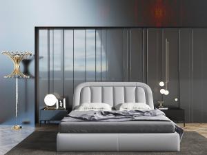 现代灰白色双人床、黑色床头柜