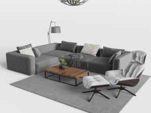 现代灰色转角布艺多人沙发、休闲椅脚踏和茶几组合模