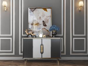 新中式条纹纹理装饰的玄关柜、餐边柜