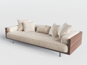 现代实木框架米黄色麻布多人沙发