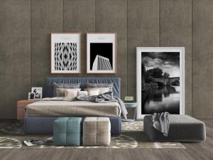 现代蓝色布艺软包双人床和坐墩