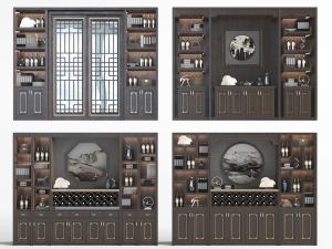 新中式实木装饰柜置物架酒柜3d模型 新中式实木装饰柜置物架酒柜