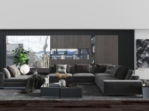 现代灰黑色转角多人沙发、美人榻组合