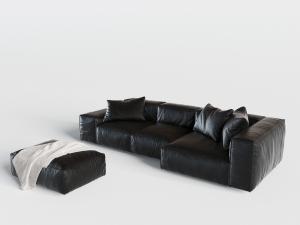 现代黑色真皮块状多人沙发、长方形坐墩