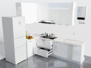 现代白色整体橱柜、吊柜和厨房电器