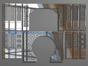 中式雕花门扇和带拱形门的隔断3d模型 中式雕花门扇和带拱形门的隔断