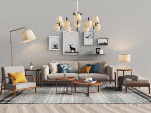 北欧实木框架的多人沙发休闲椅子茶几组合