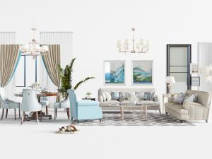 美式多人沙发组合餐桌椅组合