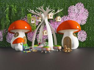 卡通蘑菇房子、植物墙和大树休闲坐墩娱乐设施3d模型 卡通蘑菇房子、植物墙和大树休闲坐墩娱乐设施