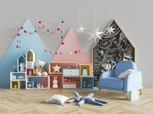 儿童活动区装饰置物架和蓝色单人沙发3d模型 儿童活动区装饰置物架和蓝色单人沙发