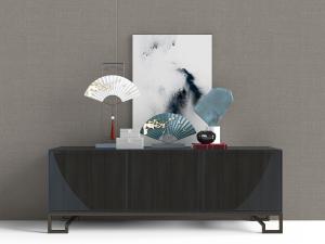 新中式黑色电视柜、折扇摆件