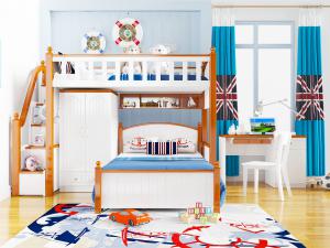 美式实木带衣柜的儿童上下床