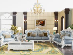 欧式雕花蓝灰色多人沙发组合