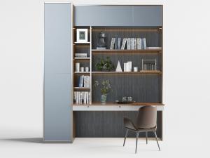 现代灰色带书柜的书桌椅组合