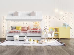 北欧白色木屋房子儿童床、装饰柜和玩具