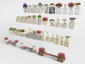 欧式户外花盆花卉雕塑防腐木长椅凳子