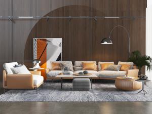 现代皮质多人单人沙发茶几组合