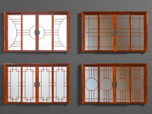 中式红色实木边框的平开窗推拉窗