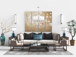 中式实木边框的多人沙发休闲椅子茶几组合