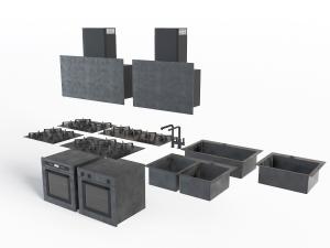 现代灰色烤箱、洗菜盆、燃气灶和抽油烟机