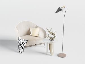 新中式白色单人沙发边几落地灯3d模型 新中式白色单人沙发边几落地灯