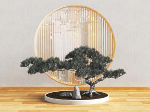 中式松树窗格景观小品