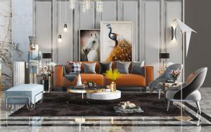 现代橙色多人沙发组合