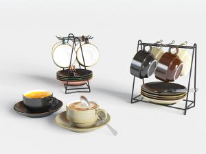 现代铁艺架上的陶瓷咖啡杯碟