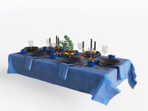 长方形蓝色桌布的餐具组合3d模型 长方形蓝色桌布的餐具组合