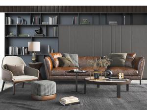 后现代皮革多人沙发休闲沙发椅子组合