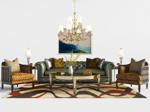 美式多人沙发、单人沙发茶几组合