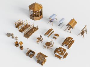 中式民宿实木小桥、亭子和餐桌凳