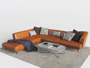后现代橙色皮革转角多人沙发
