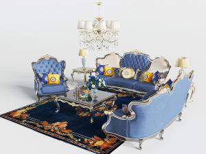 新古典蓝色多人沙发、单双人沙发组合
