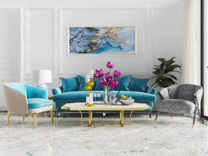 现代轻奢蓝色布艺多人单人沙发茶几组合