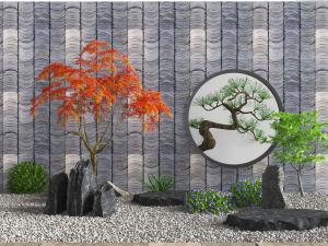 中式假山松树石头景观小品