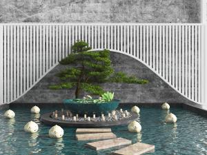 中式水塘石径松树景观小品